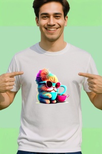 Tricou Pisica curcubeu cu ochelari si cana roz Copii | Dama | Barbat - Img 2