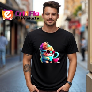 Tricou Pisica curcubeu cu ochelari si cana roz Copii | Dama | Barbat, culoare negru - Img 6