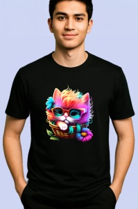Tricou Pisica curcubeu cu ochelari verzi in stil cool Copii | Dama | Barbat, culoare negru - Img 2