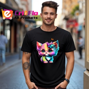 Tricou Pisica curcubeu cu ochi mari si fluture roz Copii | Dama | Barbat, culoare negru - Img 5