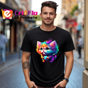 Tricou Pisica curcubeu desen stil pop art cu ochi mari Copii | Dama | Barbat, culoare negru - Img 6