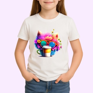 Tricou Pisica curcubeu in cana galbena cu flori in par Copii | Dama | Barbat - Img 3