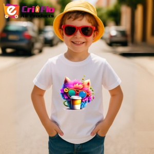 Tricou Pisica curcubeu in cana galbena cu flori in par Copii | Dama | Barbat - Img 10