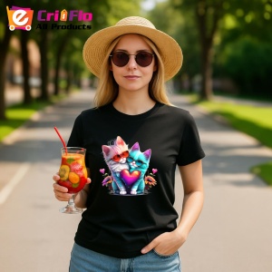 Tricou Pisica curcubeu pe luna aurie si flori fundal alb Copii | Dama | Barbat, culoare negru - Img 8