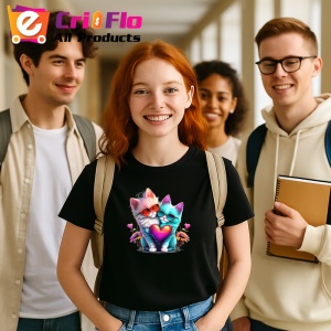 Tricou Pisica curcubeu pe luna aurie si flori fundal alb Copii | Dama | Barbat, culoare negru - Img 9