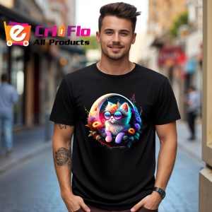 Tricou Pisica curcubeu pe luna cu ochelari si flori fundal alb Copii | Dama | Barbat, culoare negru - Img 6