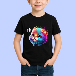 Tricou Pisica curcubeu pufoasa cu minge de fotbal Copii | Dama | Barbat, culoare negru - Img 4