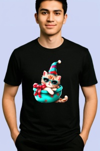 Tricou Pisica festiva in caciula si bol de Craciun Copii | Dama | Barbat, culoare negru - Img 2