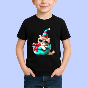 Tricou Pisica festiva in caciula si bol de Craciun Copii | Dama | Barbat, culoare negru - Img 4