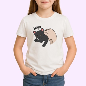 Tricou Pisica Gri Amuzanta Hello Fundal Inchis, din bumbac 100% , tricou alb pentru Copii | Dama | Barbat