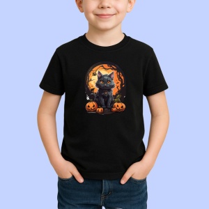Tricou Pisica Gri Halloween Dovleci Luna Plina, din bumbac 100%, tricou negru Copii | Dama | Barbat - Img 2