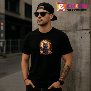 Tricou Pisica Gri Halloween Dovleci Luna Plina, din bumbac 100%, tricou negru Copii | Dama | Barbat - Img 6