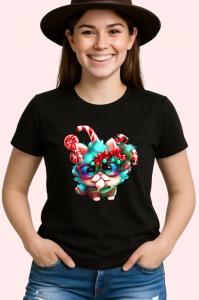 Tricou Pisica in pijama Craciun cu baston si decoratii Copii | Dama | Barbat, culoare negru