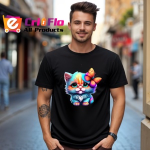 Tricou Pisica pastel cu ochi mari si fluture pe cap Copii | Dama | Barbat, culoare negru - Img 6