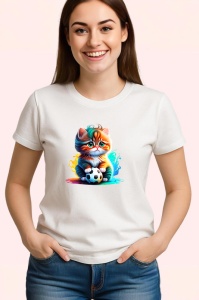 Tricou Pisica portocalie cu minge alb negru arta jucausa colorata Copii | Dama | Barbat