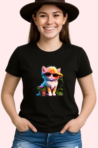 Tricou Pisica portocalie cu ochelari si fundal alb albastru Copii | Dama | Barbat, culoare negru - Img 3