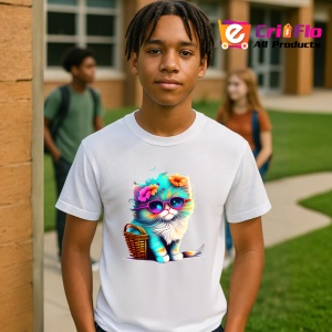 Tricou Pisica pufoasa alba cu ochelari si flori colorate Copii | Dama | Barbat