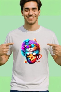 Tricou Pisica pufoasa cu flori si cana rosie Copii | Dama | Barbat - Img 2