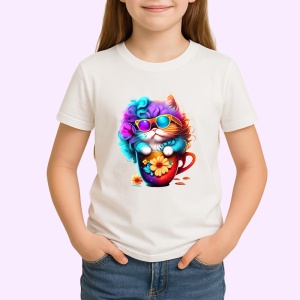 Tricou Pisica pufoasa cu flori si cana rosie Copii | Dama | Barbat