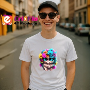 Tricou Pisica pufoasa cu ochelari mari si flori colorate Copii | Dama | Barbat