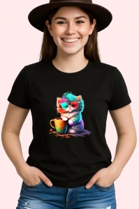 Tricou Pisica pufoasa cu ochelari si cana portocalie Copii | Dama | Barbat, culoare negru - Img 3