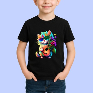 Tricou Pisica roz cu chitara galbena si flori portocalii Copii | Dama | Barbat, culoare negru - Img 4