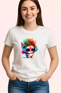 Tricou Pisica stil disco cu ochelari mari si casti colorate Copii | Dama | Barbat - Img 3