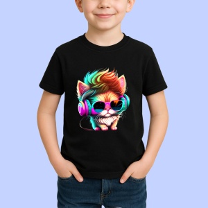 Tricou Pisica stil disco cu ochelari mari si casti colorate Copii | Dama | Barbat, culoare negru - Img 3