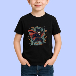 Tricou Pisica supererou cu pelerina rosie si stea aurie Copii | Dama | Barbat, culoare negru - Img 4