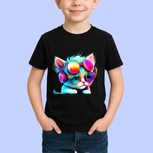 Tricou Pisica techno cu ochelari roz si casti mov Copii | Dama | Barbat, culoare negru - Img 4