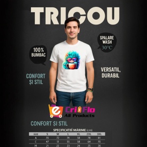 Tricou Pisica turcoaz cu ochelari si cana rosie fundal alb Copii | Dama | Barbat - Img 7