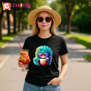 Tricou Pisica turcoaz cu ochelari si cana rosie fundal alb Copii | Dama | Barbat, culoare negru - Img 8