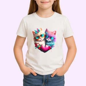 Tricou Pisici inlantuite de inima si flori fundal alb Copii | Dama | Barbat - Img 4