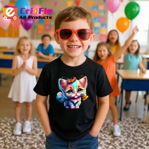 Tricou Pisicuta albastra cu fundita si fluture portocaliu Copii | Dama | Barbat, culoare negru