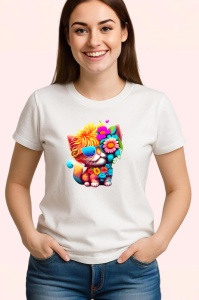 Tricou Pisicuta colorata cu flori si chitara turcoaz Copii | Dama | Barbat