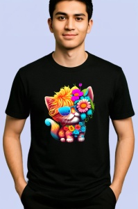 Tricou Pisicuta colorata cu flori si chitara turcoaz Copii | Dama | Barbat, culoare negru - Img 2