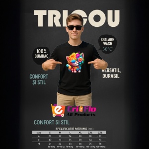 Tricou Pisicuta colorata cu flori si chitara turcoaz Copii | Dama | Barbat, culoare negru - Img 7
