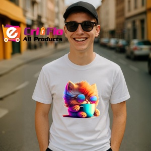 Tricou Pisicuta cu blana curcubeu si cana fundal galben Copii | Dama | Barbat - Img 5