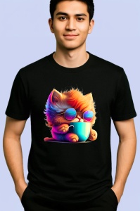 Tricou Pisicuta cu blana curcubeu si cana fundal galben Copii | Dama | Barbat, culoare negru - Img 2