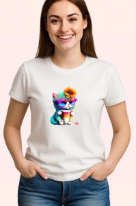 Tricou Pisicuta cu floare in par si cana curcubeu Copii | Dama | Barbat - Img 3