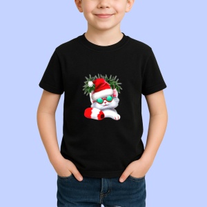 Tricou Pisicuta cu fundita verde si caciula Craciun moderna Copii | Dama | Barbat, culoare negru - Img 4