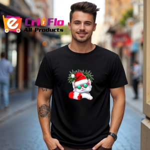 Tricou Pisicuta cu fundita verde si caciula Craciun moderna Copii | Dama | Barbat, culoare negru - Img 6
