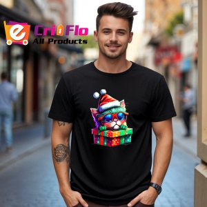 Tricou Pisicuta cu ochelari si cadou Craciun fundal negru Copii | Dama | Barbat, culoare negru - Img 6