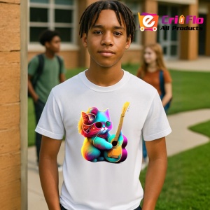 Tricou Pisicuta curcubeu cu chitara fundal alb Copii | Dama | Barbat - Img 4