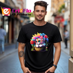 Tricou Pisicuta in cos cu flori si par in culori vibrante Copii | Dama | Barbat, culoare negru - Img 6