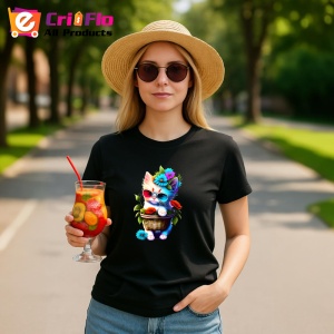 Tricou Pisicuta in cos cu ochelari de soare si flori Copii | Dama | Barbat, culoare negru - Img 8