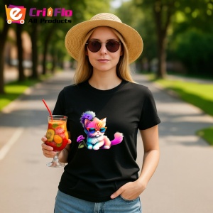 Tricou Pisicuta roz cu ochelari si coada mov pastel Copii | Dama | Barbat, culoare negru