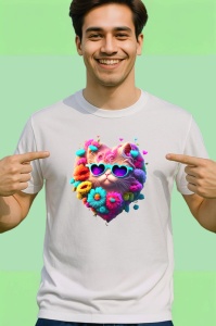 Tricou Pisicuta roz in forma de inima cu ochelari fundal alb Copii | Dama | Barbat - Img 2