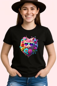 Tricou Pisicuta roz in forma de inima cu ochelari fundal alb Copii | Dama | Barbat, culoare negru - Img 3
