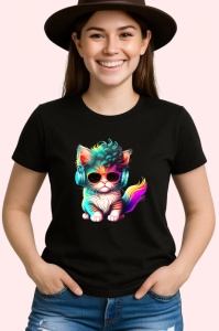 Tricou Pisicuta tigrata cu ochelari si flori in par Copii | Dama | Barbat, culoare negru